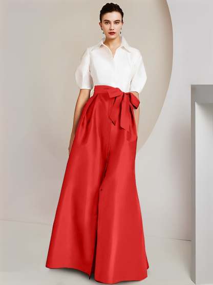Princess/A-Line Floor-Length 2-Piece Mother of the Bride Dresses with Bowknot and Shirt Collar Short Sleeves-BMbridal