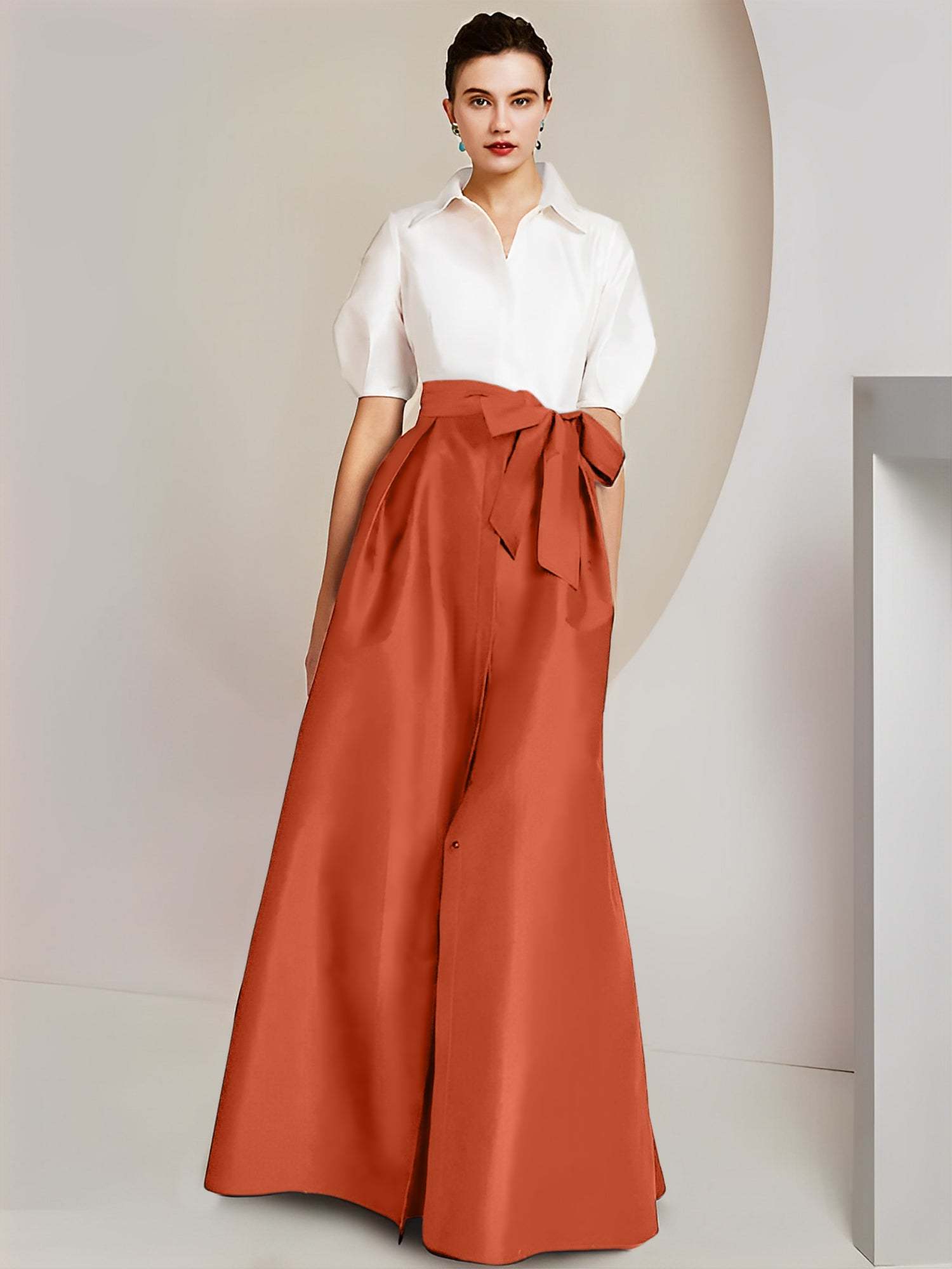 Princess/A-Line Floor-Length 2-Piece Mother of the Bride Dresses with Bowknot and Shirt Collar Short Sleeves-BMbridal