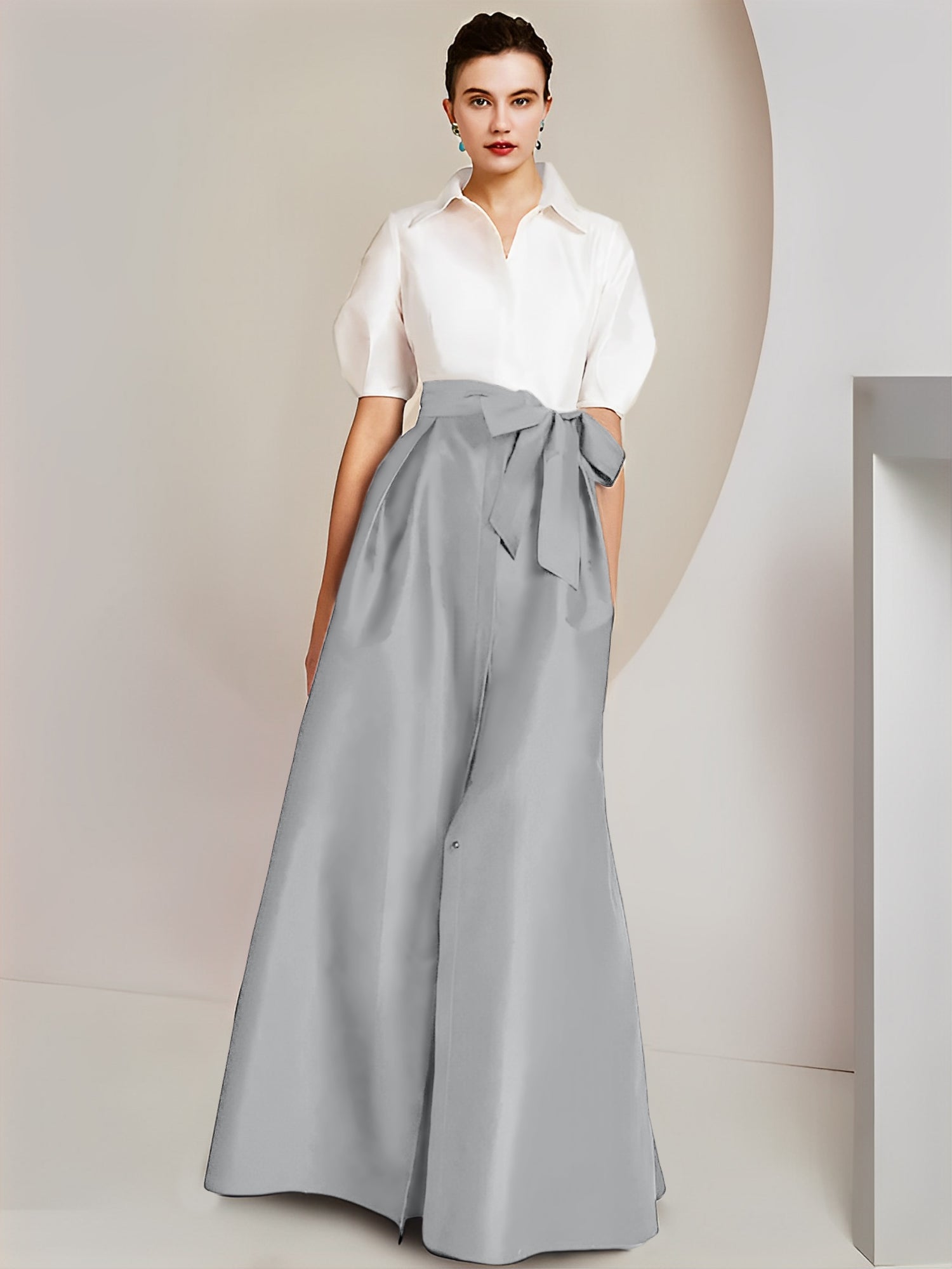 Princess/A-Line Floor-Length 2-Piece Mother of the Bride Dresses with Bowknot and Shirt Collar Short Sleeves-BMbridal