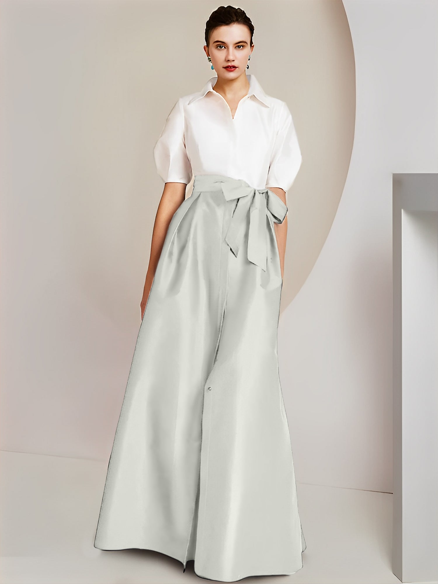 Princess/A-Line Floor-Length 2-Piece Mother of the Bride Dresses with Bowknot and Shirt Collar Short Sleeves-BMbridal