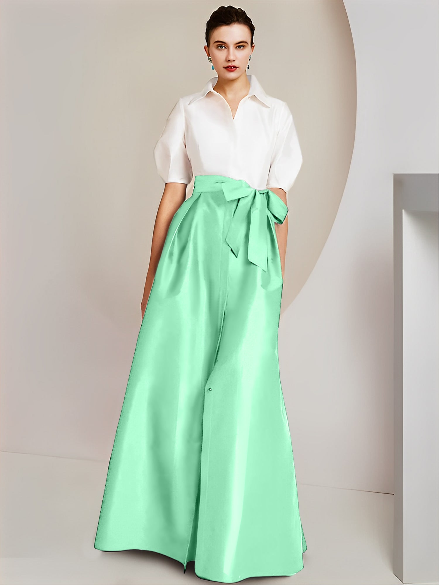 Princess/A-Line Floor-Length 2-Piece Mother of the Bride Dresses with Bowknot and Shirt Collar Short Sleeves-BMbridal