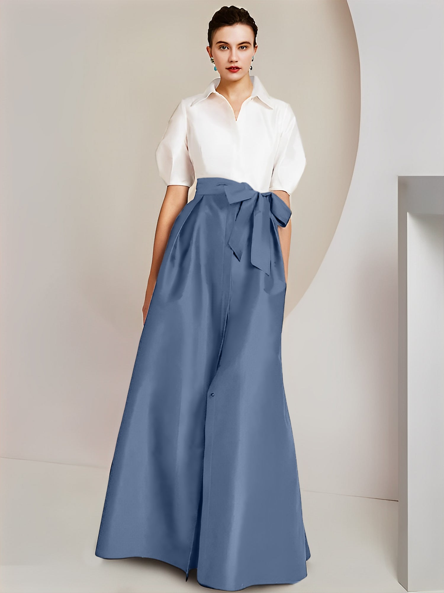 Princess/A-Line Floor-Length 2-Piece Mother of the Bride Dresses with Bowknot and Shirt Collar Short Sleeves-BMbridal