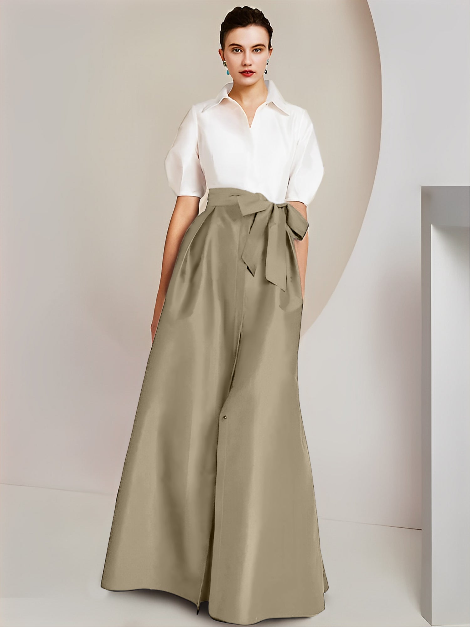 Princess/A-Line Floor-Length 2-Piece Mother of the Bride Dresses with Bowknot and Shirt Collar Short Sleeves-BMbridal