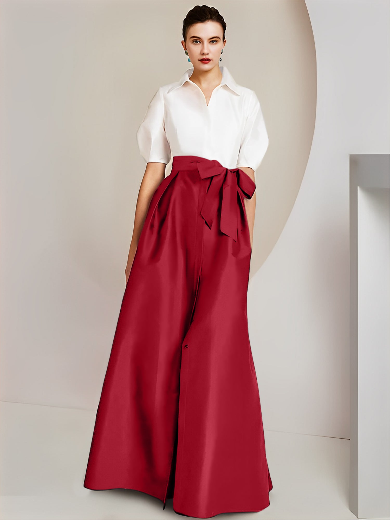 Princess/A-Line Floor-Length 2-Piece Mother of the Bride Dresses with Bowknot and Shirt Collar Short Sleeves-BMbridal