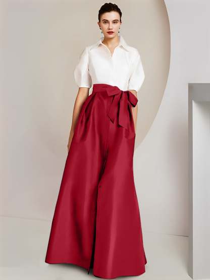 Princess/A-Line Floor-Length 2-Piece Mother of the Bride Dresses with Bowknot and Shirt Collar Short Sleeves-BMbridal