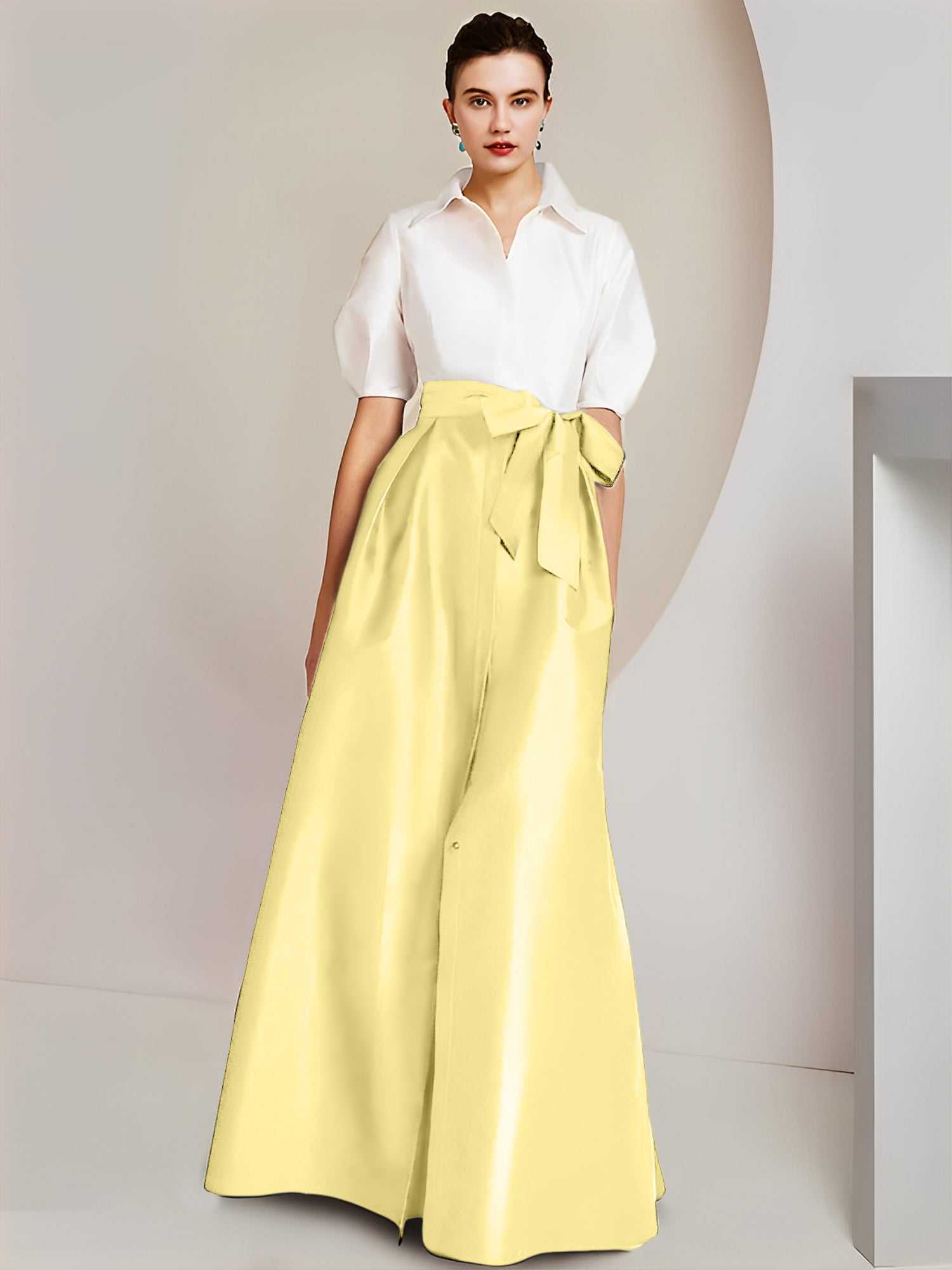 Princess/A-Line Floor-Length 2-Piece Mother of the Bride Dresses with Bowknot and Shirt Collar Short Sleeves-BMbridal
