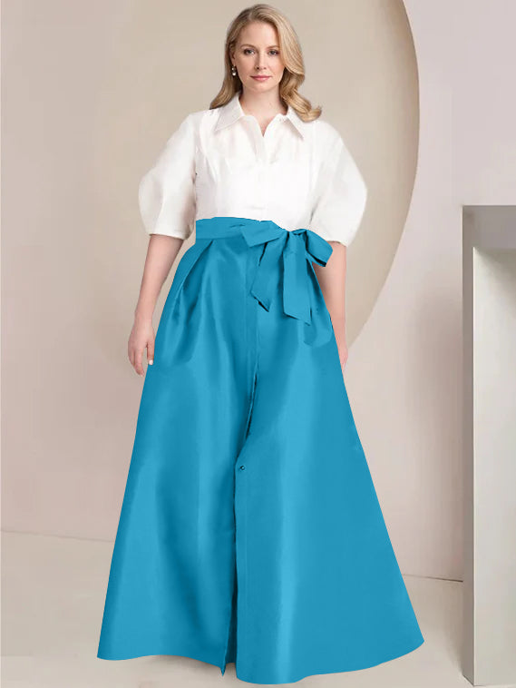 Princess A-Line Shirt Collar Floor-Length Plus Size Mother of the Bride 2-Piece Dress with Bowknot-BMbridal