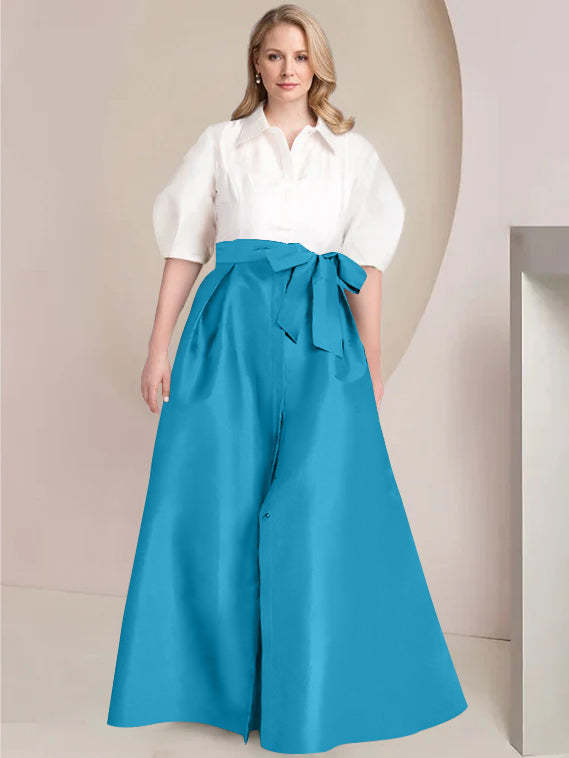 Princess A-Line Shirt Collar Floor-Length Plus Size Mother of the Bride 2-Piece Dress with Bowknot-BMbridal