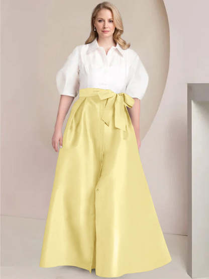 Princess A-Line Shirt Collar Floor-Length Plus Size Mother of the Bride 2-Piece Dress with Bowknot-BMbridal
