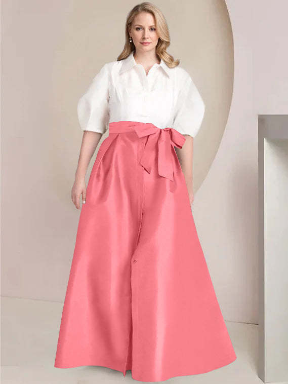 Princess A-Line Shirt Collar Floor-Length Plus Size Mother of the Bride 2-Piece Dress with Bowknot-BMbridal