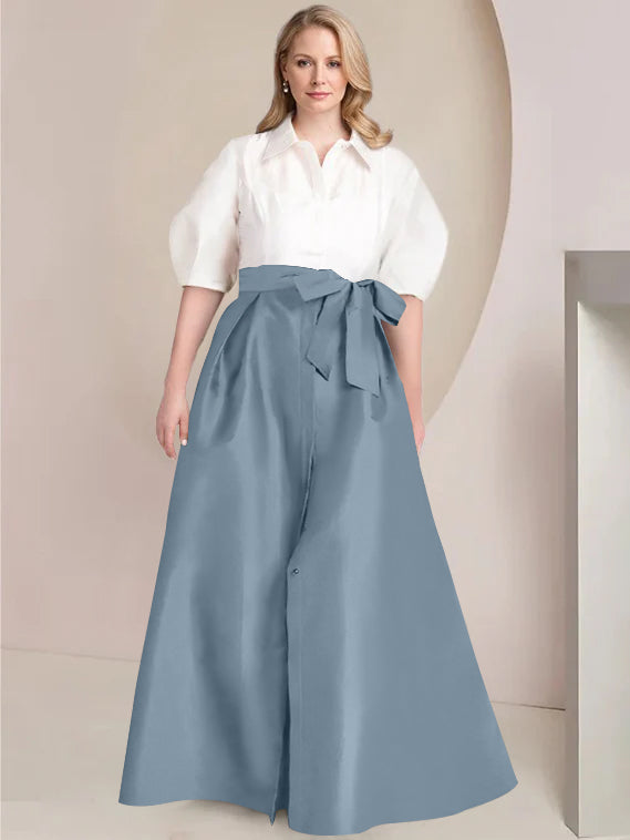 Princess A-Line Shirt Collar Floor-Length Plus Size Mother of the Bride 2-Piece Dress with Bowknot-BMbridal
