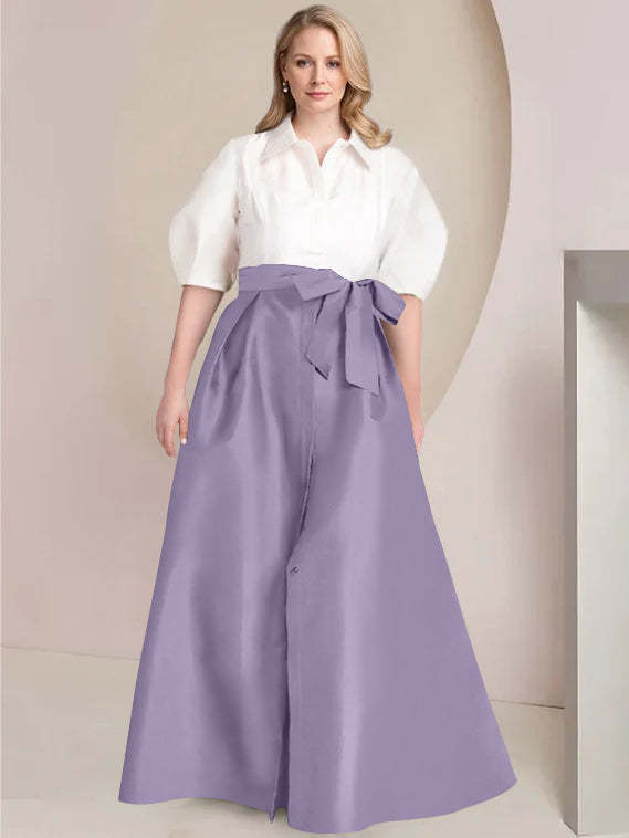 Princess A-Line Shirt Collar Floor-Length Plus Size Mother of the Bride 2-Piece Dress with Bowknot-BMbridal