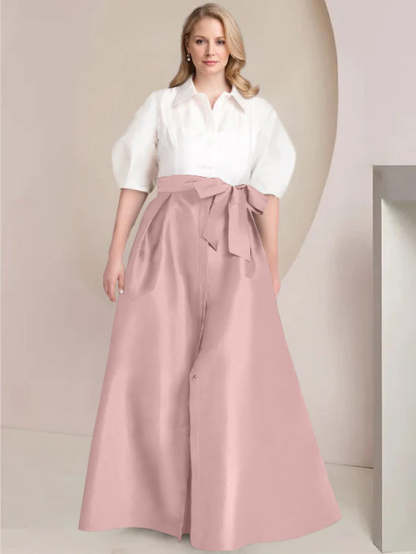 Princess A-Line Shirt Collar Floor-Length Plus Size Mother of the Bride 2-Piece Dress with Bowknot-BMbridal