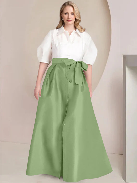 Princess A-Line Shirt Collar Floor-Length Plus Size Mother of the Bride 2-Piece Dress with Bowknot-BMbridal