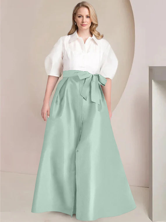 Princess A-Line Shirt Collar Floor-Length Plus Size Mother of the Bride 2-Piece Dress with Bowknot-BMbridal