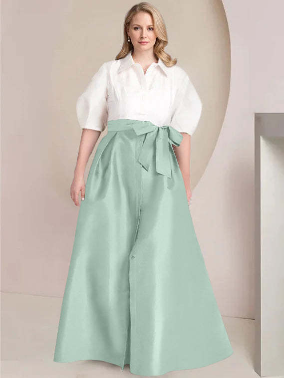 Princess A-Line Shirt Collar Floor-Length Plus Size Mother of the Bride 2-Piece Dress with Bowknot-BMbridal