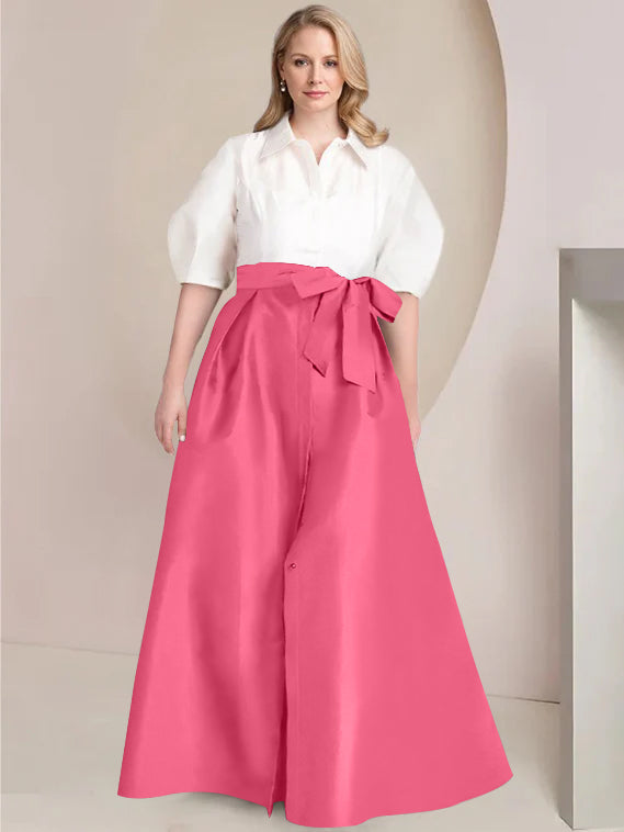 Princess A-Line Shirt Collar Floor-Length Plus Size Mother of the Bride 2-Piece Dress with Bowknot-BMbridal