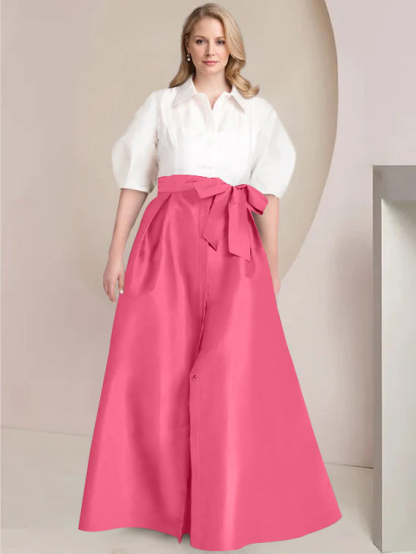 Princess A-Line Shirt Collar Floor-Length Plus Size Mother of the Bride 2-Piece Dress with Bowknot-BMbridal