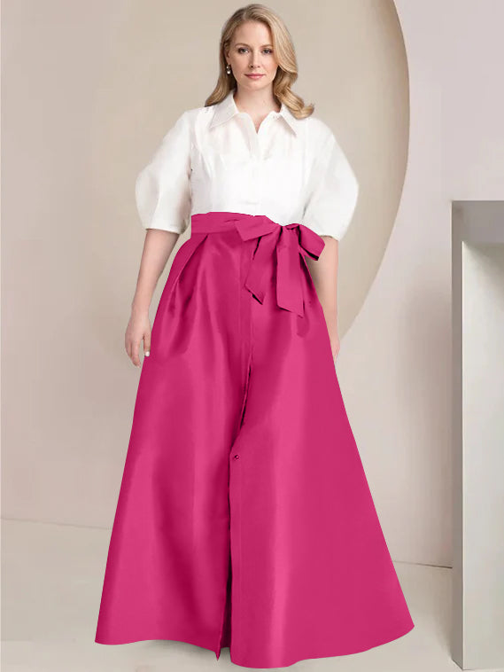 Princess A-Line Shirt Collar Floor-Length Plus Size Mother of the Bride 2-Piece Dress with Bowknot-BMbridal