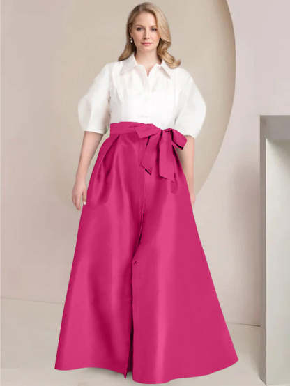 Princess A-Line Shirt Collar Floor-Length Plus Size Mother of the Bride 2-Piece Dress with Bowknot-BMbridal