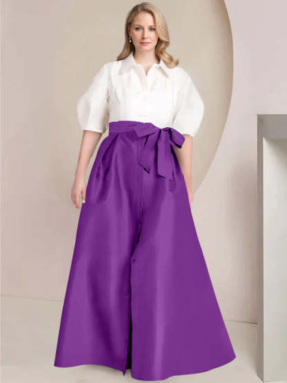 Princess A-Line Shirt Collar Floor-Length Plus Size Mother of the Bride 2-Piece Dress with Bowknot-BMbridal