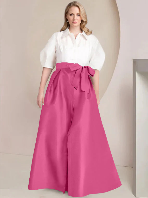 Princess A-Line Shirt Collar Floor-Length Plus Size Mother of the Bride 2-Piece Dress with Bowknot-BMbridal
