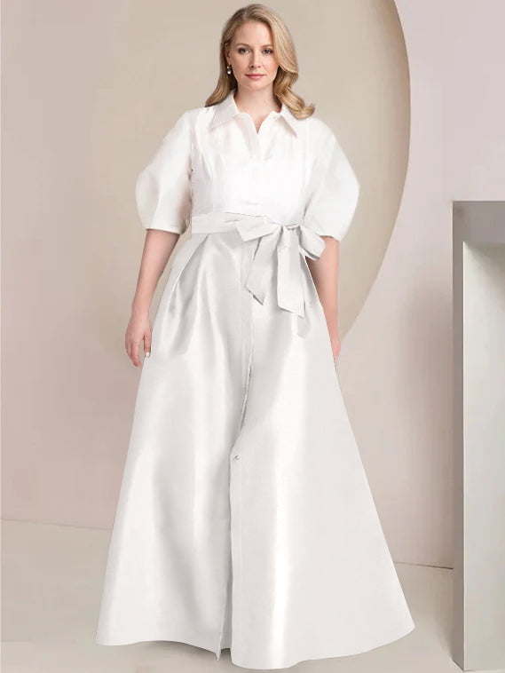 Princess A-Line Shirt Collar Floor-Length Plus Size Mother of the Bride 2-Piece Dress with Bowknot-BMbridal