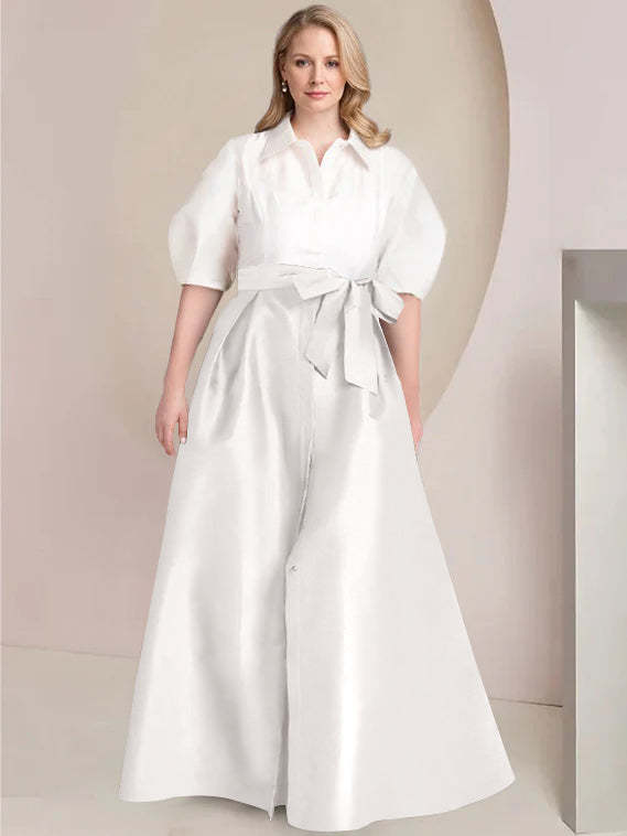 Princess A-Line Shirt Collar Floor-Length Plus Size Mother of the Bride 2-Piece Dress with Bowknot-BMbridal