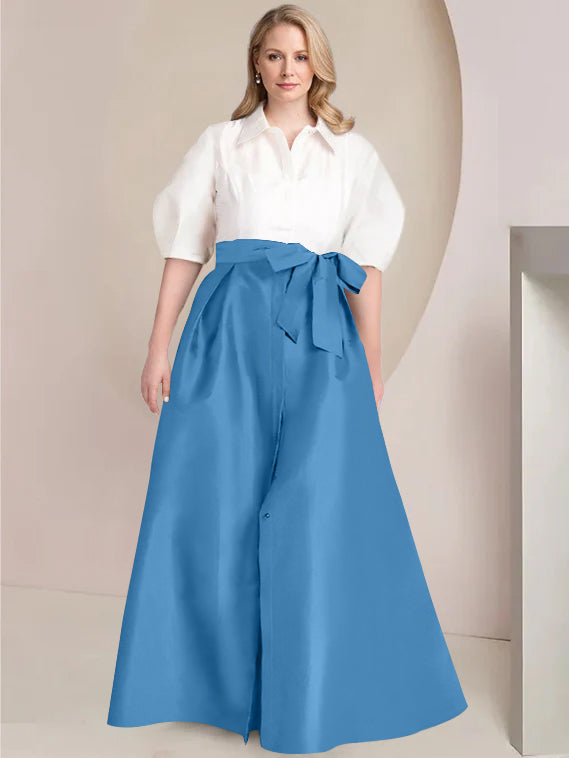 Princess A-Line Shirt Collar Floor-Length Plus Size Mother of the Bride 2-Piece Dress with Bowknot-BMbridal
