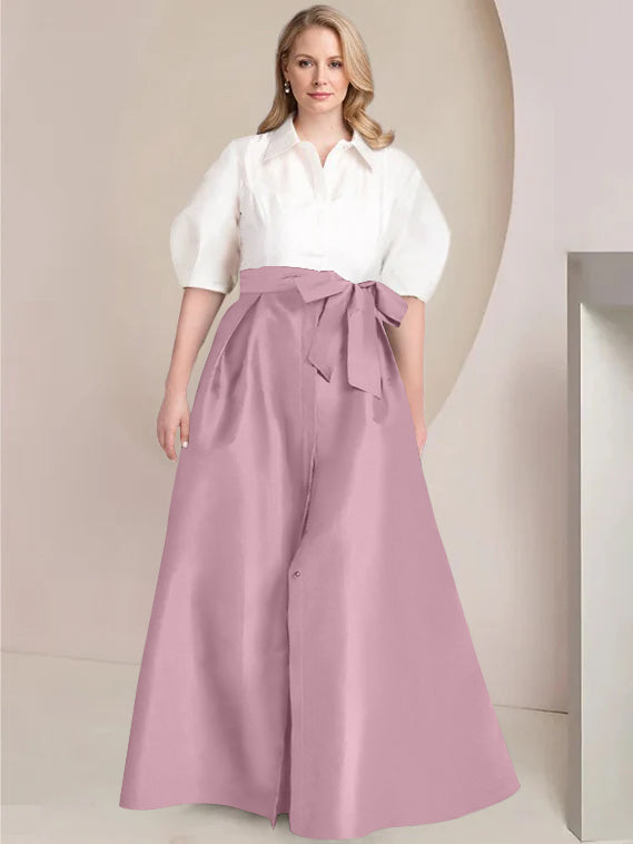 Princess A-Line Shirt Collar Floor-Length Plus Size Mother of the Bride 2-Piece Dress with Bowknot-BMbridal