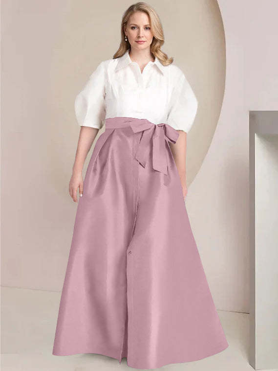 Princess A-Line Shirt Collar Floor-Length Plus Size Mother of the Bride 2-Piece Dress with Bowknot-BMbridal