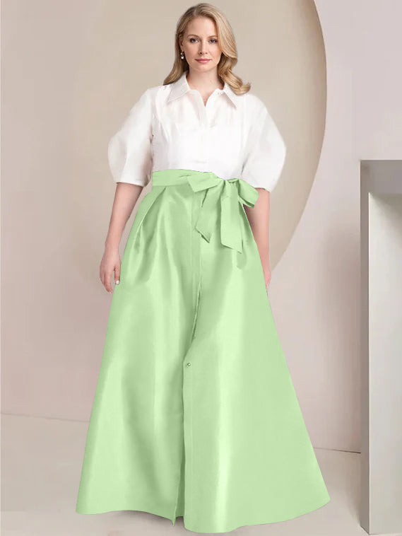 Princess A-Line Shirt Collar Floor-Length Plus Size Mother of the Bride 2-Piece Dress with Bowknot-BMbridal