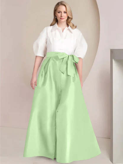 Princess A-Line Shirt Collar Floor-Length Plus Size Mother of the Bride 2-Piece Dress with Bowknot-BMbridal