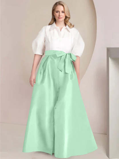 Princess A-Line Shirt Collar Floor-Length Plus Size Mother of the Bride 2-Piece Dress with Bowknot-BMbridal