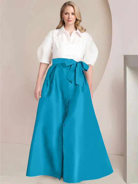 Princess A-Line Shirt Collar Floor-Length Plus Size Mother of the Bride 2-Piece Dress with Bowknot-BMbridal