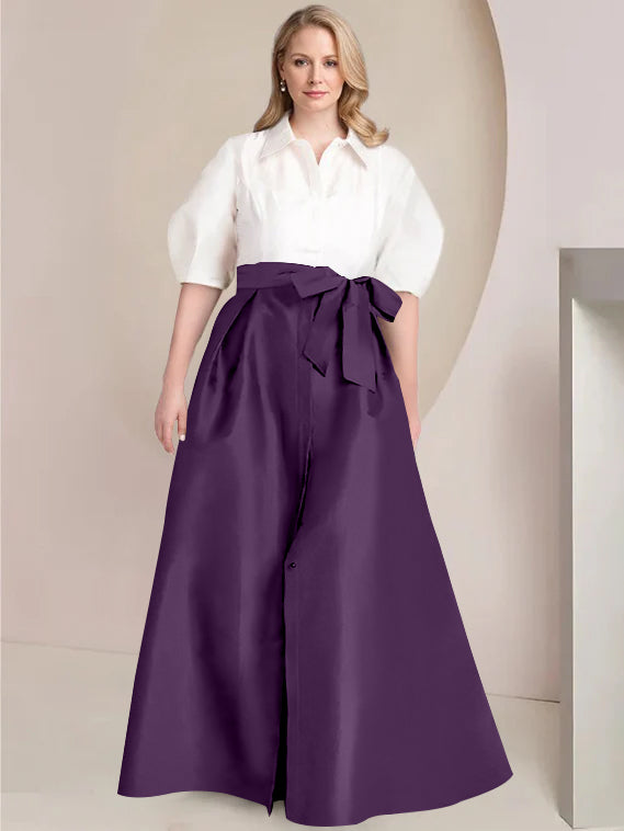 Princess A-Line Shirt Collar Floor-Length Plus Size Mother of the Bride 2-Piece Dress with Bowknot-BMbridal