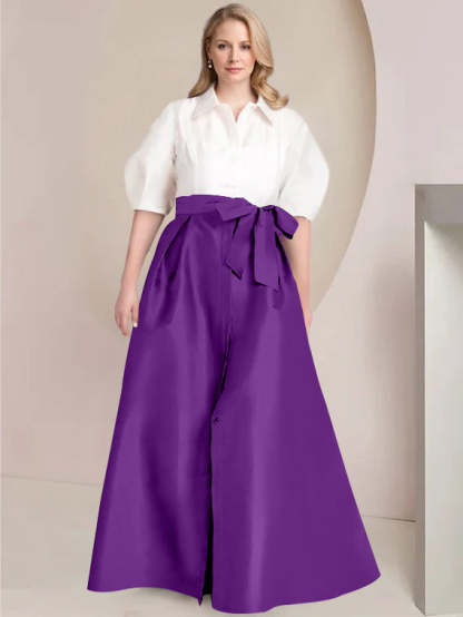 Princess A-Line Shirt Collar Floor-Length Plus Size Mother of the Bride 2-Piece Dress with Bowknot-BMbridal