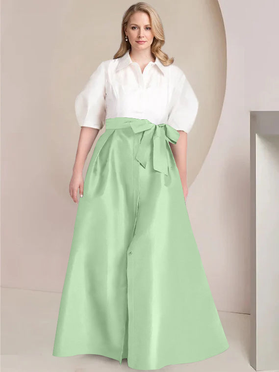 Princess A-Line Shirt Collar Floor-Length Plus Size Mother of the Bride 2-Piece Dress with Bowknot-BMbridal