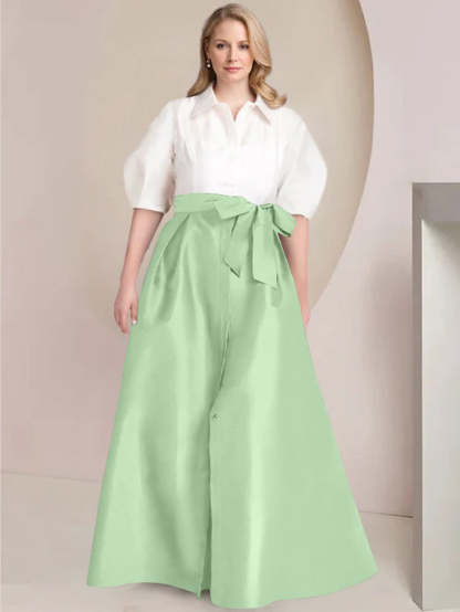 Princess A-Line Shirt Collar Floor-Length Plus Size Mother of the Bride 2-Piece Dress with Bowknot-BMbridal