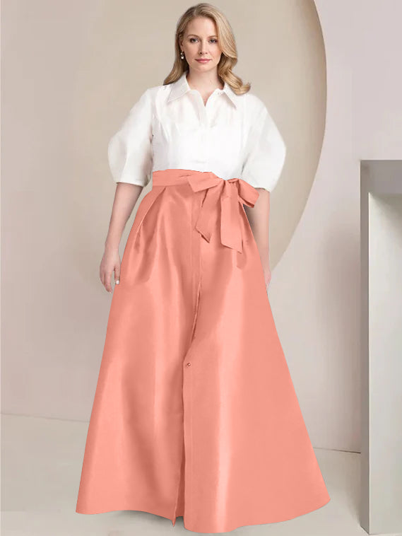 Princess A-Line Shirt Collar Floor-Length Plus Size Mother of the Bride 2-Piece Dress with Bowknot-BMbridal