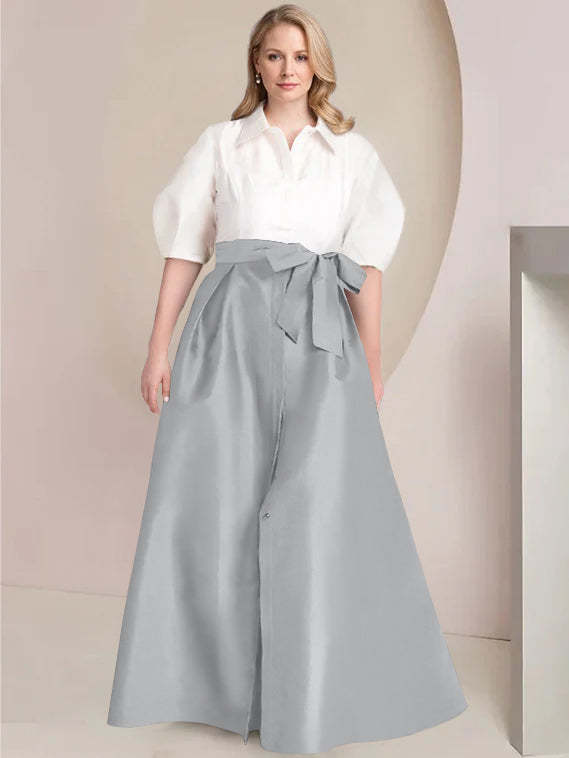 Princess A-Line Shirt Collar Floor-Length Plus Size Mother of the Bride 2-Piece Dress with Bowknot-BMbridal