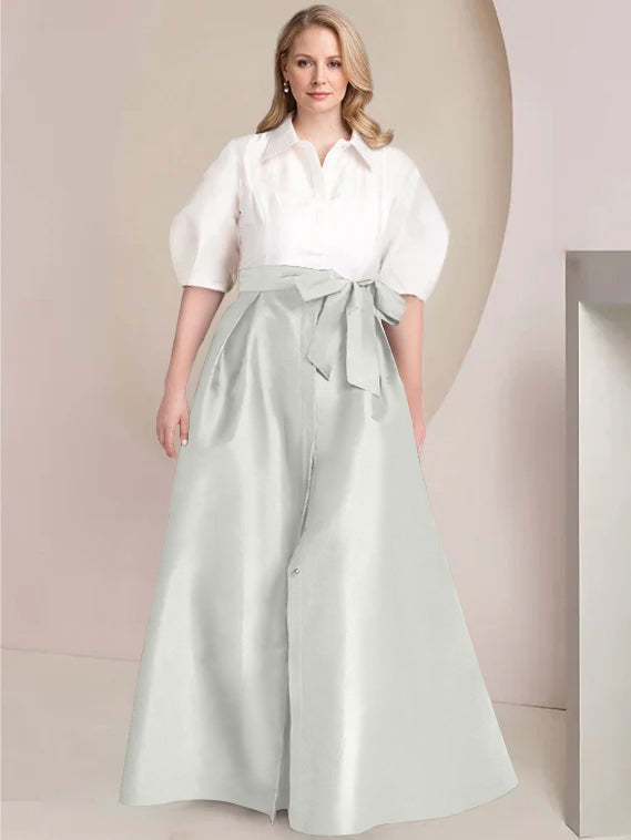 Princess A-Line Shirt Collar Floor-Length Plus Size Mother of the Bride 2-Piece Dress with Bowknot-BMbridal