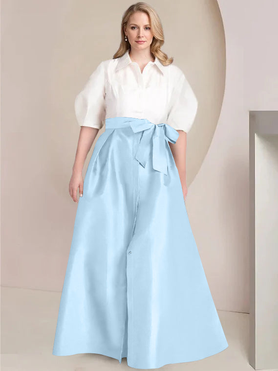 Princess A-Line Shirt Collar Floor-Length Plus Size Mother of the Bride 2-Piece Dress with Bowknot-BMbridal