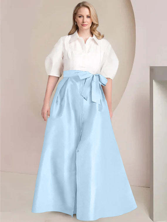 Princess A-Line Shirt Collar Floor-Length Plus Size Mother of the Bride 2-Piece Dress with Bowknot-BMbridal