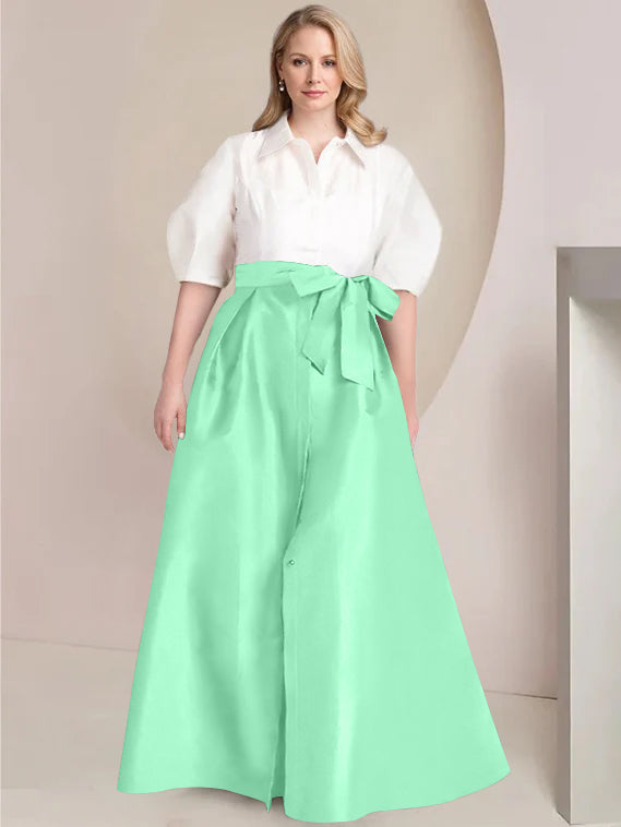 Princess A-Line Shirt Collar Floor-Length Plus Size Mother of the Bride 2-Piece Dress with Bowknot-BMbridal