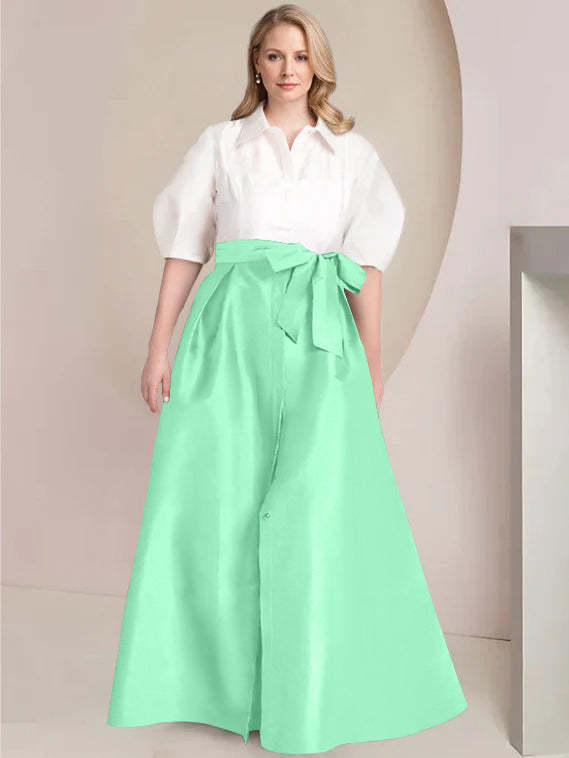 Princess A-Line Shirt Collar Floor-Length Plus Size Mother of the Bride 2-Piece Dress with Bowknot-BMbridal