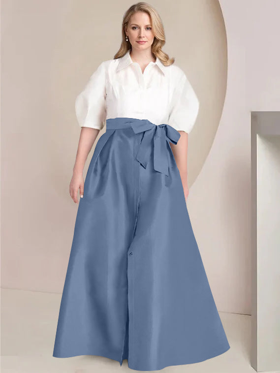 Princess A-Line Shirt Collar Floor-Length Plus Size Mother of the Bride 2-Piece Dress with Bowknot-BMbridal