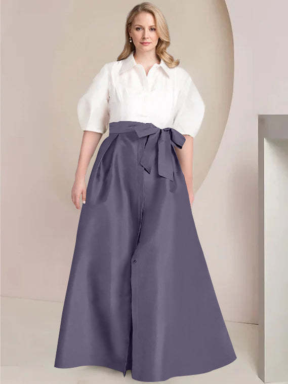 Princess A-Line Shirt Collar Floor-Length Plus Size Mother of the Bride 2-Piece Dress with Bowknot-BMbridal