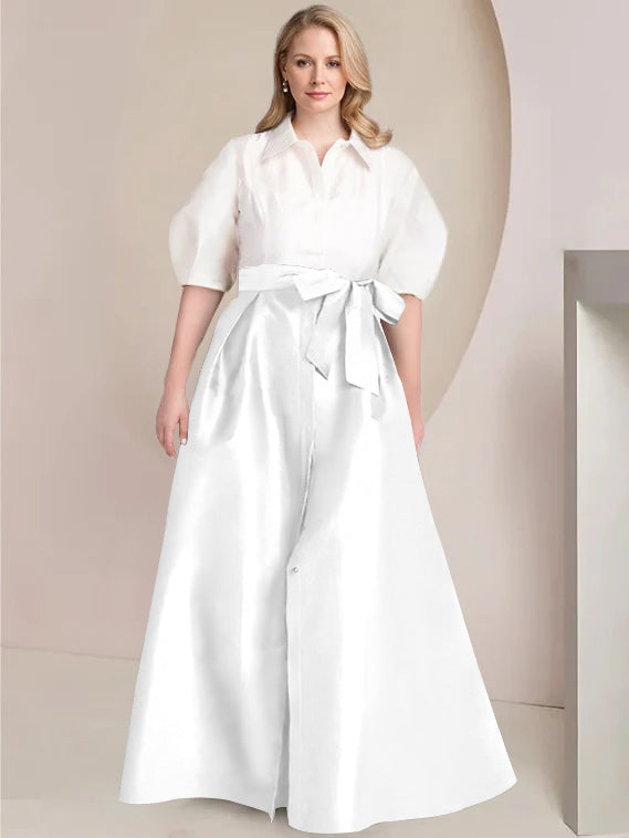 Princess A-Line Shirt Collar Floor-Length Plus Size Mother of the Bride 2-Piece Dress with Bowknot-BMbridal