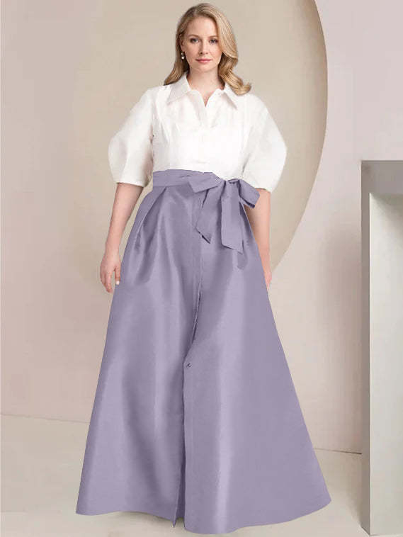Princess A-Line Shirt Collar Floor-Length Plus Size Mother of the Bride 2-Piece Dress with Bowknot-BMbridal